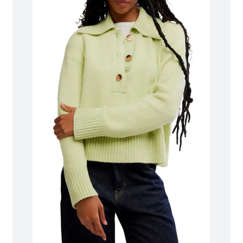 FREE PEOPLE Trading Up Polo Sweater Matcha Green Small NEW Boho Chic Casual